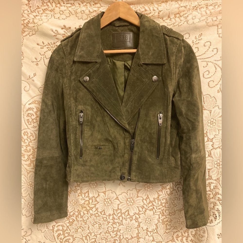 BlankNYC Olive Genuine Suede Leather Cropped Motorcycle Jacket  Small